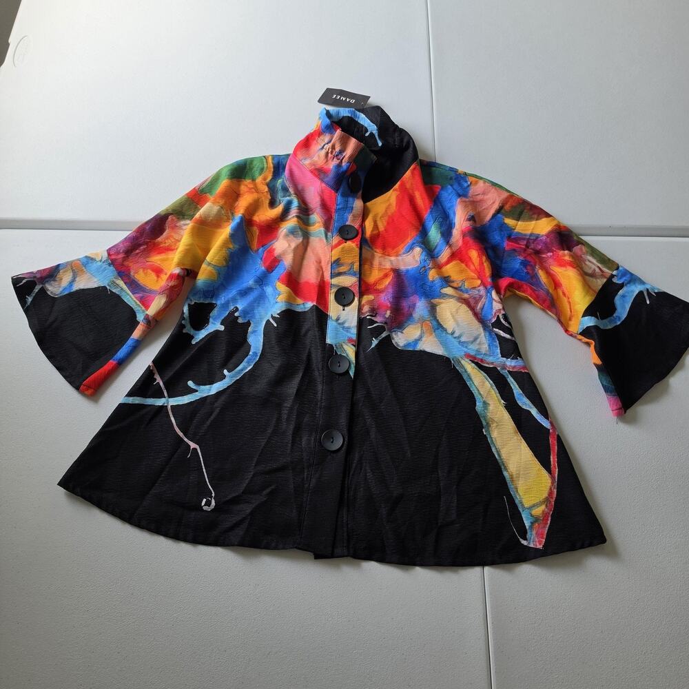 Damee Jacket Womens Small Multicolor Floral Art Print Button 3/4 Sleeve Collared